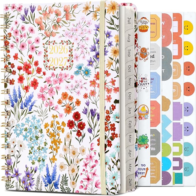 JoyCat Academic Planner 2026-2027, A5 Weekly & Monthly, Wildflowers | July 2026-June 2027 A5 planner combines weekly and monthly layouts, tabs, grid notes and sticker sheets.