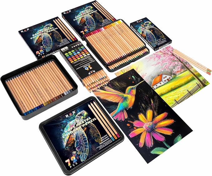 H & B 48 Soft Chalk Pastel Pencils for Artists & Adults | Pasteltint Pastel Colored Pencils, Vibrant Colors, Smooth Blendable Core, for Sketching & Coloring, in Durable Tin Case