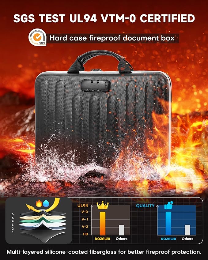 DOZAWA Fireproof Document Box, Waterproof Hard File Organizer with Lock | UL-94 VTM-0 certified 8-layer document box withstands up to 5200°F, featuring waterproof zippers for total file safety, Black