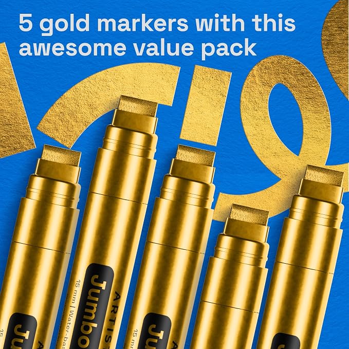 ARTISTRO Gold Paint Pens - Jumbo Tips - Set of 5 | Acrylic Paint Markers, Water-Based, For Rock, Glass, Ceramic, Wood, Tire, Fabric, Metal, Canvas, Marking, Painting