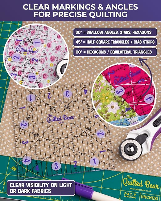 The Quilted Bear Square Quilting Ruler, Transparent Acrylic, 4.5" x 4.5" | Non-Slip, Precise Bold Lines, 30, 45 & 60 Degree Angles, 3mm Thick Transparent Acrylic, for Quilt Blocks, Sewing & Craft