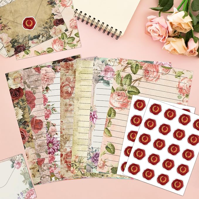 FUNCLASS 160 Pcs Vintage Floral Stationery Set Letter and Envelopes | 50 Lined Stationery Paper and 50 Matching Envelopes , 5.5 x 8.25 Inches Letter Writing Stationery for Home, Office, School