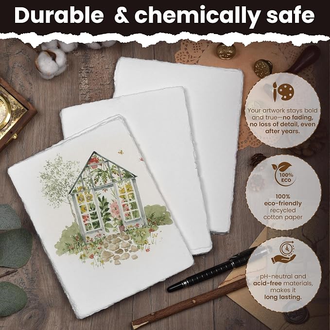 LEATHER VILLAGE Offwhite Deckled Edge Watercolor Paper 25 Sheets 4x6 Inches | Handmade cotton rag paper in natural offwhite tone, 150 GSM thick for calligraphy, letter writing, invitations and ink art