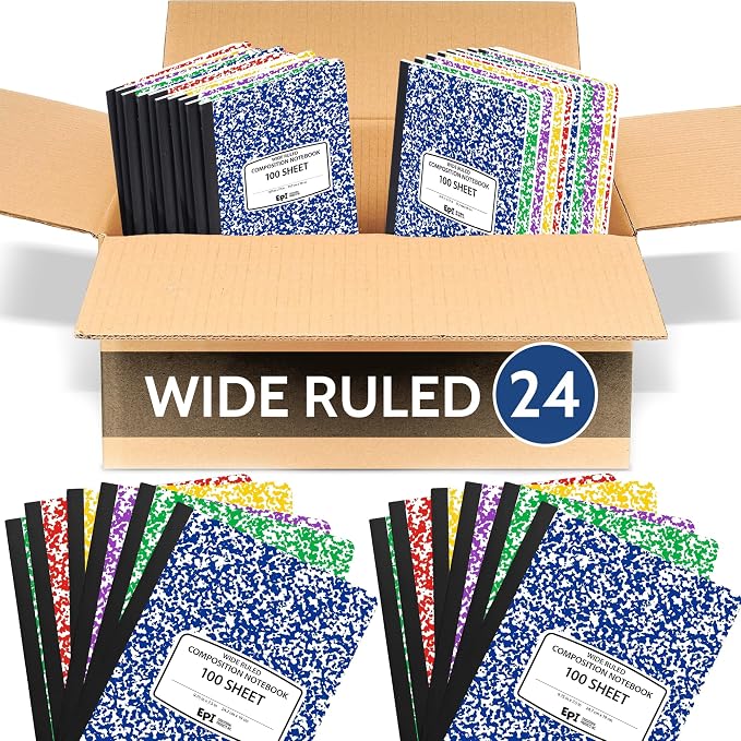 24 Pack - EPI Wide Ruled Composition Notebook Assorted Marble Colors - 200 Pages (100 Sheets), 9-3/4 x 7-½ - Classroom Back to School Supplies, Heavy Duty, Durable Hardcover Office Notebooks, Sewn