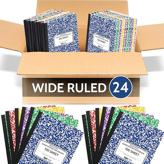 24 Pack - EPI Wide Ruled Composition Notebook Assorted Marble Colors - 200 Pages (100 Sheets), 9-3/4 x 7-½ - Classroom Back to School Supplies, Heavy Duty, Durable Hardcover Office Notebooks, Sewn