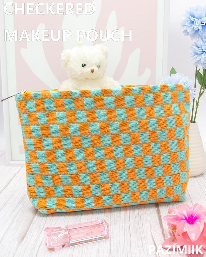 Checkered Makeup Bag for Purse, Small Flat Cosmetic Pouch,Orange Green | Cute Zipper Makeup Organizer for Women, Travel Essentials, Toiletries, Makeup Brushes, Beauty Accessories&Bridesmaid Gifts