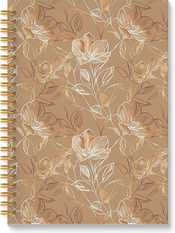 Boho Abstract Floral Spiral Notebook, Gold Brown Luxury Botanical Journal, Neoclassical Modern Hand-drawn Flower Hardcover Notebook Journal, 5.5x8.3 Inch