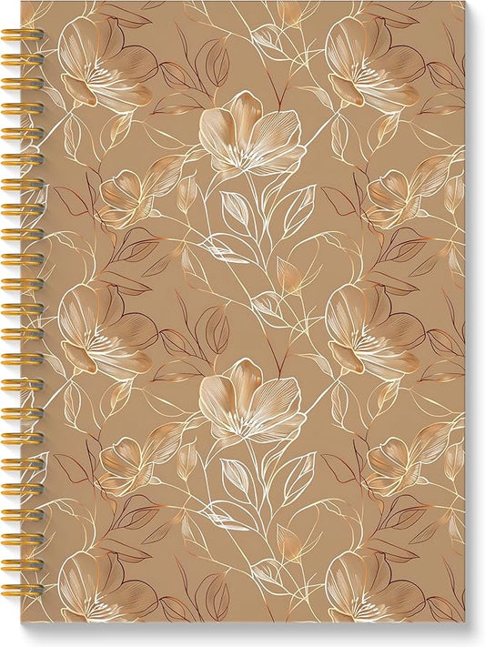 Boho Abstract Floral Spiral Notebook, Gold Brown Luxury Botanical Journal, Neoclassical Modern Hand-drawn Flower Hardcover Notebook Journal, 5.5x8.3 Inch