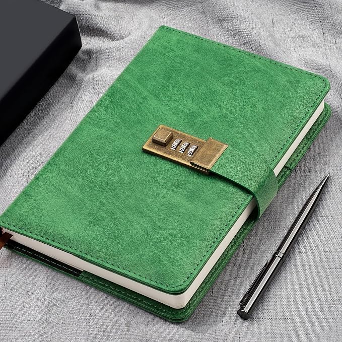 WEMATE Diary with Lock, A5 PU Leather Journal with Lock 240 Pages Green | Vintage Lock Journal Password Notebook with Pen & Gift Box, Lock Diary Planner Organizer for Men and Women, 8.6x5.8in