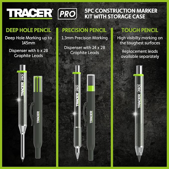 Tracer Pro - 5 Piece Construction Marker Kit with Storage Case - All 3 PRO Aluminum Carpenter's Pencils, Deep Hole Marker, Precision Mechanical Pencil, and 5.2mm Heavy Duty Construction Pencil