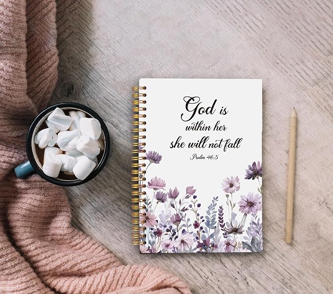 Christian Notebook for Women, Christian Gifts Journal, Prayer Journal for Women, Bible Journaling Notebook, PSALM 46:5 God is Within Her She Will Not Fall Floral Spiral Notebook 5.5x8.3
