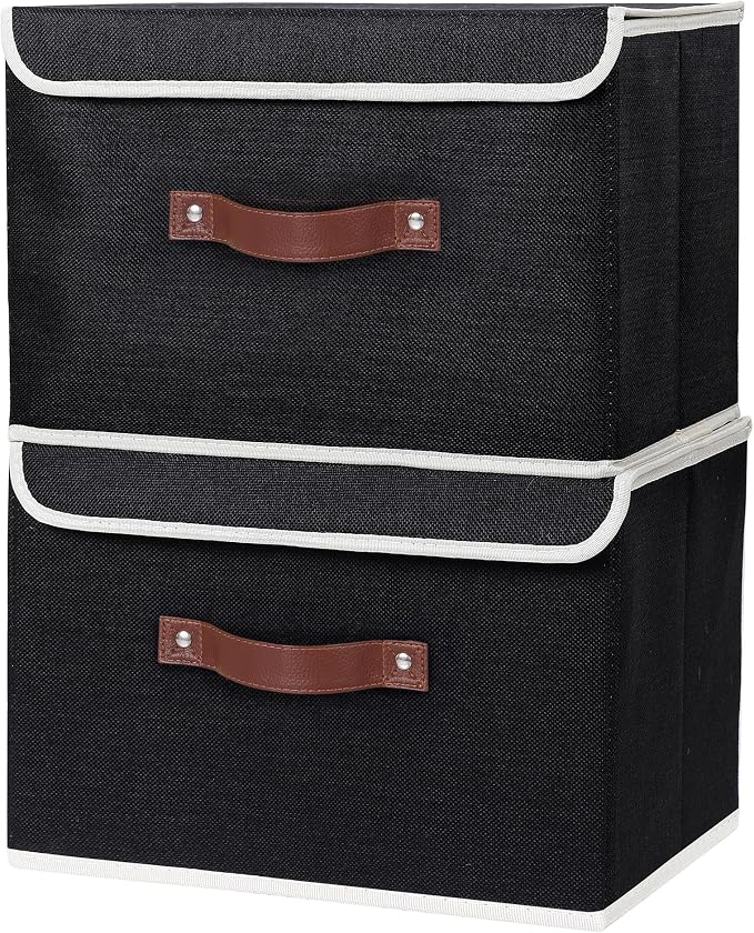 ANMINY 4PCS Storage Bin with Lid Storage Boxes with PU Leather Handles PP Plastic Board Decorative Foldable Lidded Cotton Linen Fabric Home Cubes Baskets Closet Organizer Container - Black, Medium