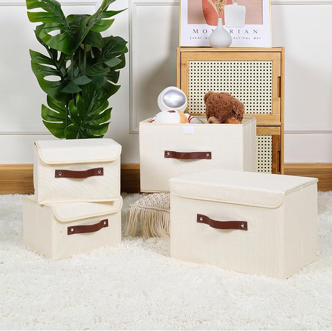 ANMINY 2PCS Storage Bin with Lid Storage Boxes with PU Leather Handles PP Plastic Board Decorative Foldable Lidded Cotton Linen Fabric Home Cubes Baskets Closet Organizer Container - Beige, Medium