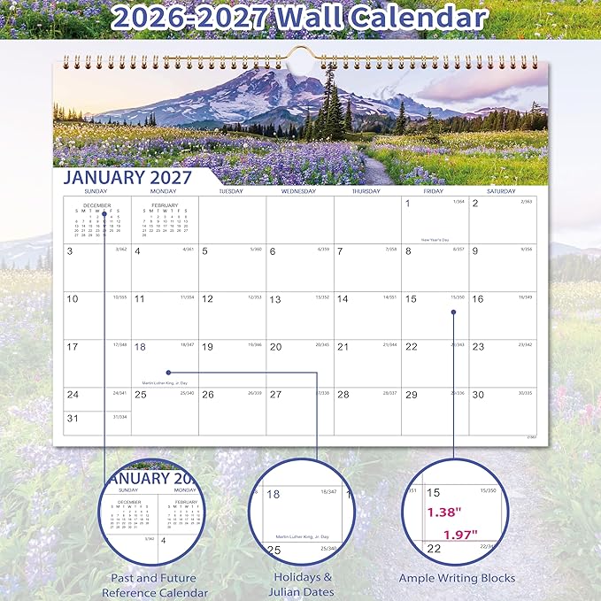 Calendar 2026-2027 - 18 Months Wall Calendar 2026-2027 | July 2026 - December 2027, 2026-2027 Calendar with 15" x 11.5" Thick Paper, Twin-Wire Binding & Hanger, Julian Dates