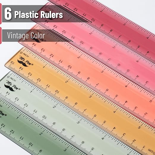 Mr. Pen- Plastic Ruler Set, 6 Pack, 6 Inch, Vintage Colors | Easy-to-Read Markings, Scratch-Resistant Design, Durable Transplant Rulers for Crafting Office & School, School Supplies