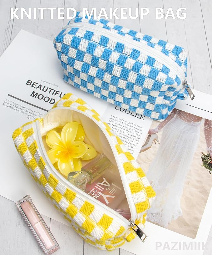 PAZIMIIK Checkered Makeup Bag for Purse, Small Travel Cosmetic Pouch,Yellow | Cute Zipper Makeup Organizer for Women, Travel Essentials, Toiletries, Makeup Brushes, Beauty Accessories&Bridesmaid Gifts