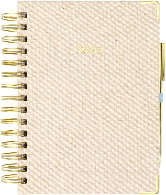 ELYN Lined Spiral Journal, Linen Hardcover Notebook with Matching Gold Gel Pen, 252 Pages, 8 in x 5 in - 100 GSM Premium Paper, Spiral Notebook for Home, Office, Notes & Gifts, (Linen)