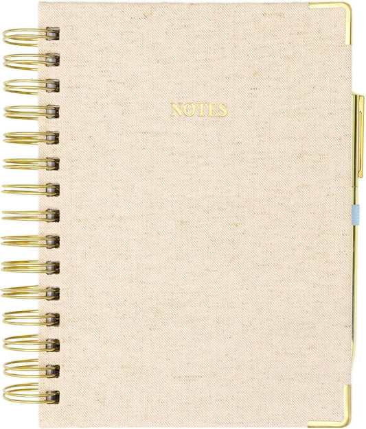 ELYN Lined Spiral Journal, Linen Hardcover Notebook with Matching Gold Gel Pen, 252 Pages, 8 in x 5 in - 100 GSM Premium Paper, Spiral Notebook for Home, Office, Notes & Gifts, (Linen)