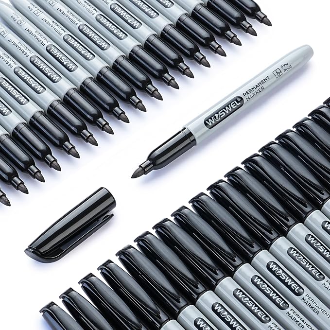WOSWEL Permanent Markers Bulk, 100 Pack Fine Point Tip Black Permanent Marker Set, Waterproof Markers, Premium Smear Proof Pens, Quick Drying, Office Supplies for School, Office, Home