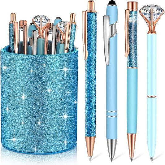 Sabary 8 Pcs Blue Pens with Pen Holder for Desk Glitter Crystal Diamond Cute Ballpoint Fancy Pencil Holder Bling Desk Organizer for Women Girls School Office Supplies Wedding Graduation Gifts