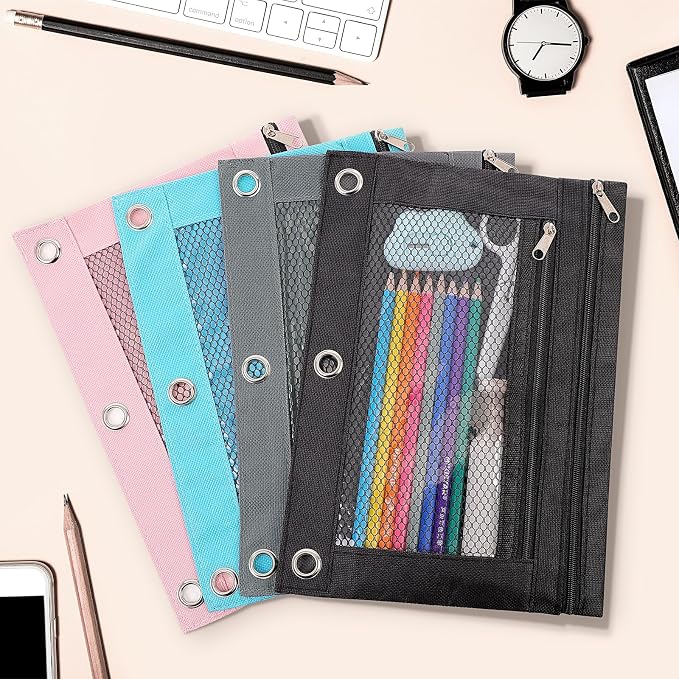 KONVINIT Pencil Pouch for 3 Ring Binder, Zipper Binder Pencil Pouch, Durable Cloth Pencil Case with 2 Pockets, Mesh Window Pencil Case Pouch for School Supplies, Cables, Earbuds, Makeup, Blue