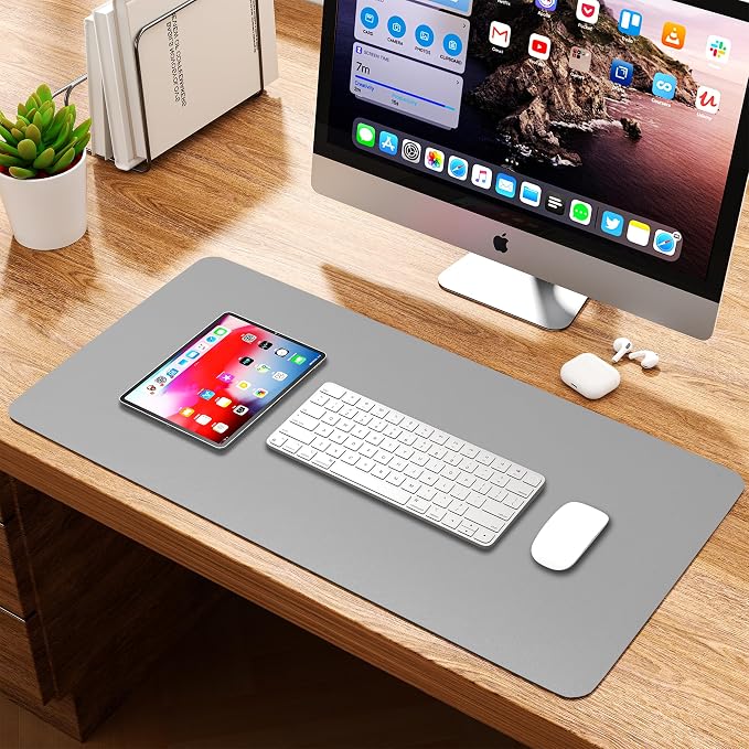Leather Desk Pad Protector, Waterproof Mouse Pad, PU Desk Mat, Office Desk Cover, Desk Writing Mat for Office/Home/Work/Cubicle (Gray/Silver) 31.5x15.7 in