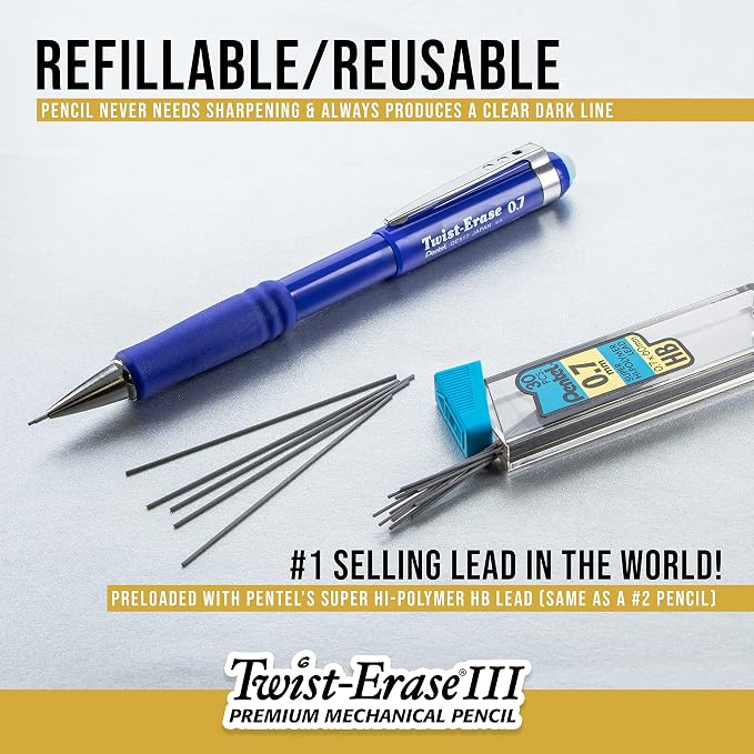 Pentel Twist-Erase III Mechanical Pencil, (0.7mm), Medium Line, Black Barrel, Pack of 4 (QE517BP4A)