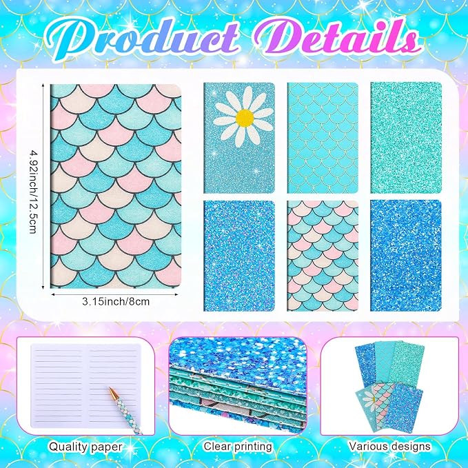 12 Set Cute Mini Notebook and Fancy Pen Gift Set for Women 6 Mini Glitter Pocket Notepad 6 Cute Sparkly Glitter Pen for Girl Office First Day of School Mother's Day Christmas Graduation(Blue)