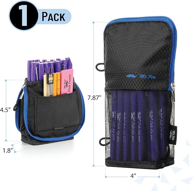 Mr. Pen- Standing Pencil Case Pouch, Sit & Lay Mesh-View Design | Black with Blue Zipper, Interior Pocket & 2 Elastic Binder Loops, Cute Pencil Case for Girls and Boys