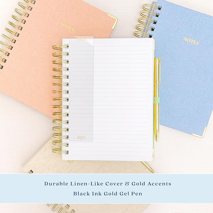 ELYN Lined Spiral Journal, Linen Hardcover Notebook with Matching Gold Gel Pen, 252 Pages, 8 in x 5 in - 100 GSM Premium Paper, Spiral Notebook for Home, Office, Notes & Gifts, (Blue)