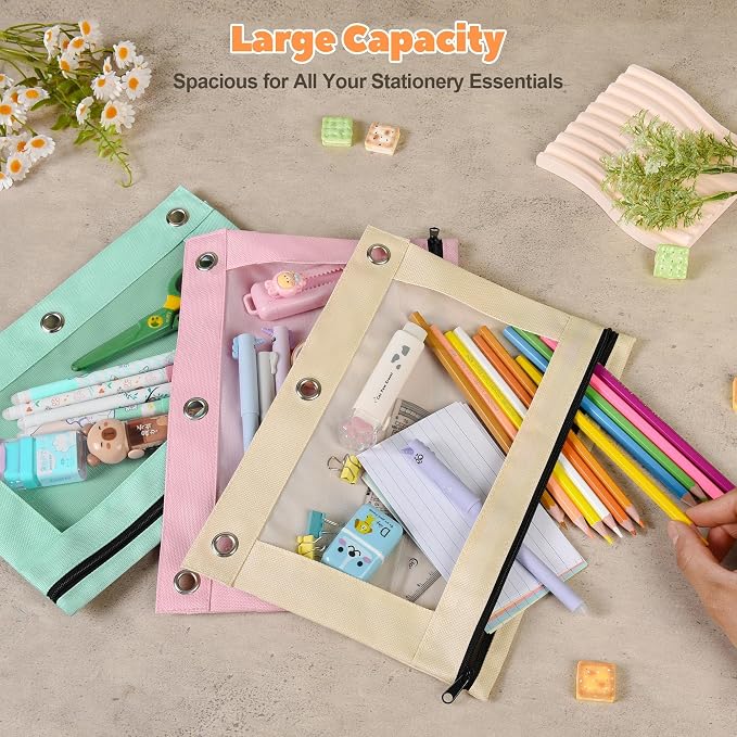 Lanpn Pencil Pouch for 3 Ring Binder 36 Pack, Pastel Binder Pen Bags Bulk with Zipper, Aesthetic 3 Holes Pencil Pouches Organizer for Boy Girl Kids School Student, Reinforced Grommets & Clear Window