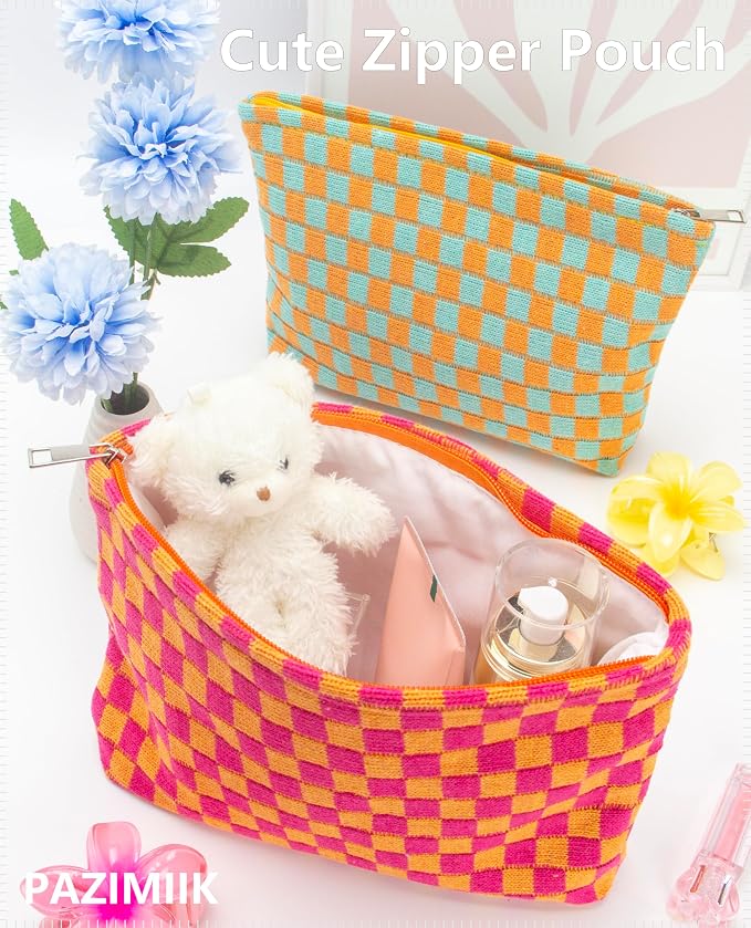 Checkered Makeup Bag for Purse, Small Flat Cosmetic Pouch,Red Orange | Cute Zipper Makeup Organizer for Women, Travel Essentials, Toiletries, Makeup Brushes, Beauty Accessories&Bridesmaid Gifts
