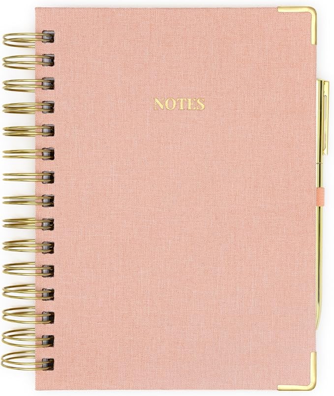 ELYN Lined Spiral Journal, Linen Hardcover Notebook with Matching Gold Gel Pen, 252 Pages, 8 in x 5 in - 100 GSM Premium Paper, Spiral Notebook for Home, Office, Notes & Gifts, (Pink)