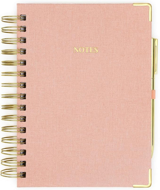 ELYN Lined Spiral Journal, Linen Hardcover Notebook with Matching Gold Gel Pen, 252 Pages, 8 in x 5 in - 100 GSM Premium Paper, Spiral Notebook for Home, Office, Notes & Gifts, (Pink)