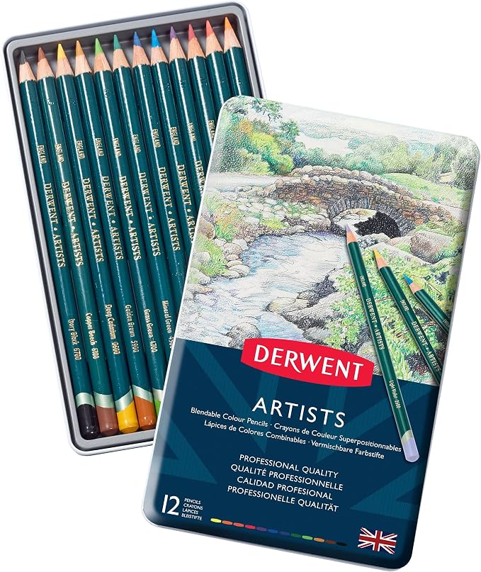 Derwent Artists Colored Pencils, 4mm Core, Metal Tin, 12 Count (32092)
