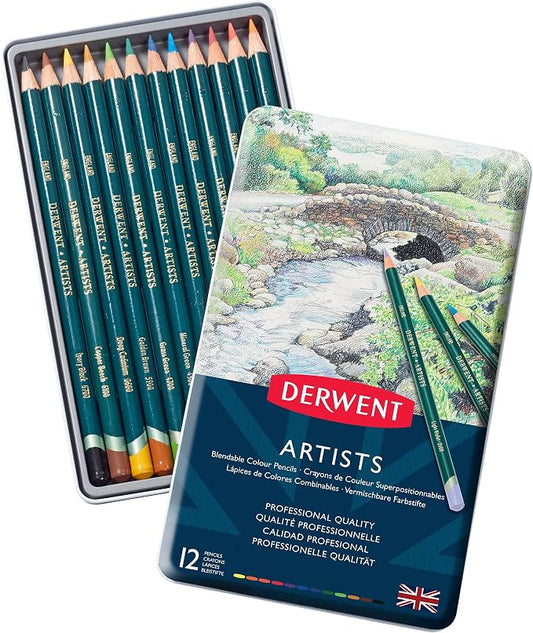 Derwent Artists Colored Pencils, 4mm Core, Metal Tin, 12 Count (32092)