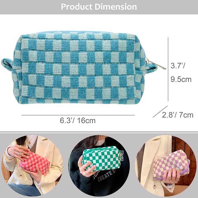 Checkered Makeup Bag for Purse, Small Cosmetic Pouch,Lake Blue,2 Pack | Cute Zipper Makeup Organizer for Women, Travel Essentials, Toiletries, Makeup Brushes, Beauty Accessories&Bridesmaid Gifts