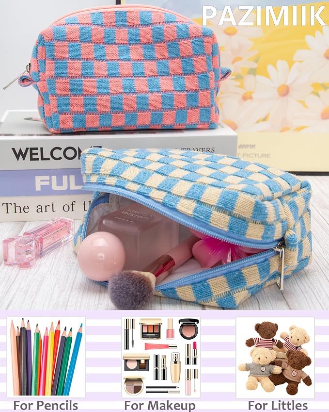 Checkered Makeup Bag for Purse, Small Cosmetic Pouch,Blue Beige,6 Pack | Cute Zipper Makeup Organizer for Women, Travel Essentials, Toiletries, Makeup Brushes, Beauty Accessories&Bridesmaid Gifts