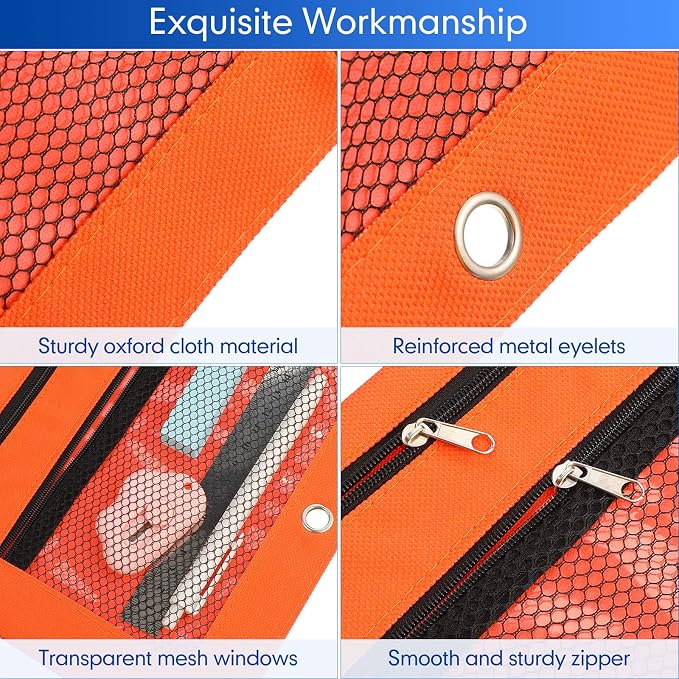 Leelosp 48 Pack Pencil Pouch for 3 Ring Binder Mesh Zipper Pencil Case Bags Binder Pouches Bulk for School Writing Utensils Storage Supplies (Red,Orange,Yellow,Green,Aqua,Purple)