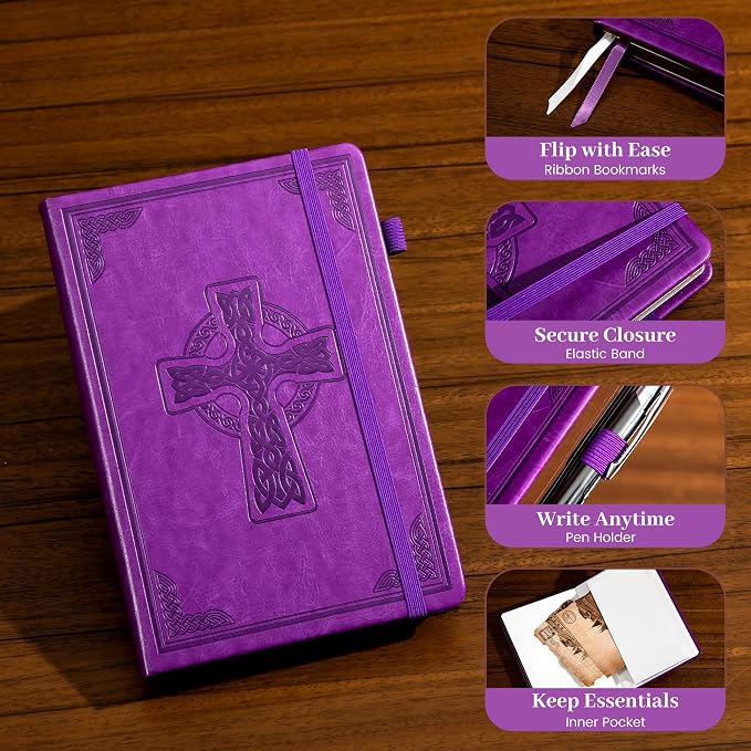 CAGIE Leather Lined Journal Notebook for Men & Women, Debossed Cross, 320 Pages 100 GSM Thick Paper, A5 Hardcover Journaling Notebooks for Writing, 5.7'' X 8.3'' Diary, Purple