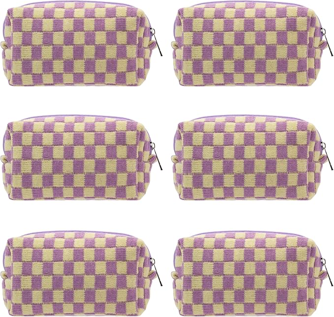 Checkered Makeup Bag for Purse, Small Travel Cosmetic Pouch,Purple,6 Pack | Cute Zipper Makeup Organizer for Women, Travel Essentials, Toiletries, Makeup Brushes, Beauty Accessories&Bridesmaid Gifts