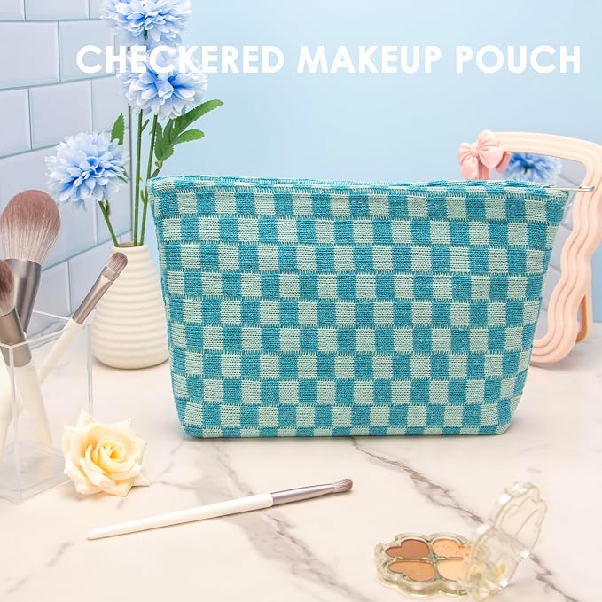 Checkered Makeup Bag for Purse, Small Flat Cosmetic Pouch,Lake Blue | Cute Zipper Makeup Organizer for Women, Travel Essentials, Toiletries, Makeup Brushes, Beauty Accessories&Bridesmaid Gifts