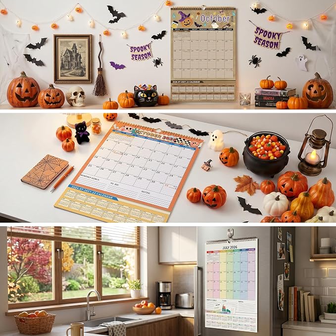 Ospelelf Wall Calendar 2026-2027 with Storage Pockets, 17" X 12" Monthly Large Planner Pad with Protective Cover and Stickers, for Family Fridge Office Teacher School, Use July 2026 to December 2027 Colors