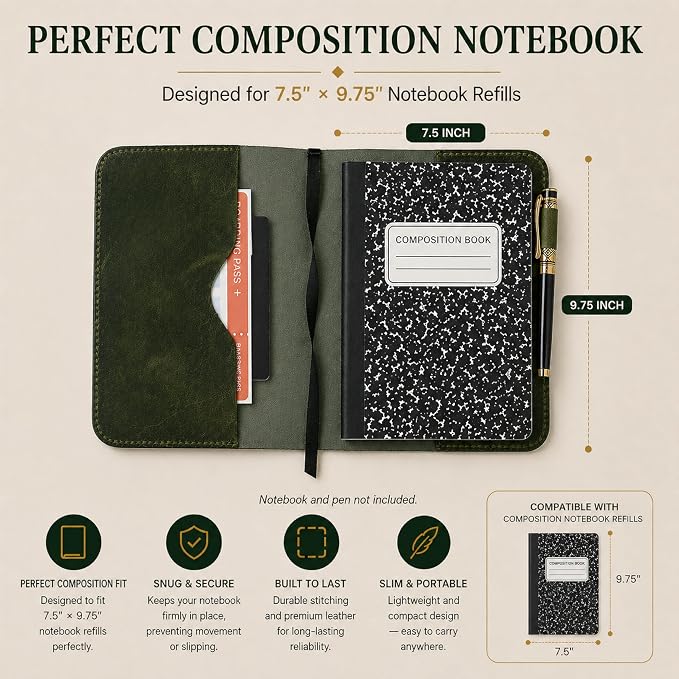 Green Leather Journal Cover XL – Handmade Refillable Notebook Holder with Pen Loop, B5 Writing Organizer for Office, Travel & Professional Use 7.5 x 9.5