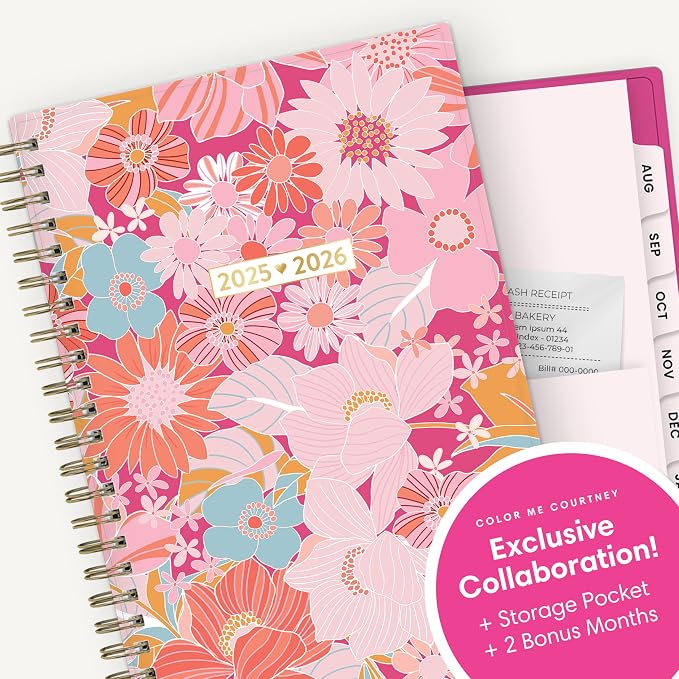 Blue Sky 2025-2026 Weekly & Monthly Academic Planner, 5"x8", Bloom Pink | July 2025 - June 2026, Flexible Cover, Wirebound, Laminated Tabs, Storage Pocket, Academic Year, Color Me Courtney
