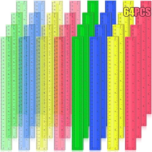 Ruler, 64 Packs 12 Inch Clear Plastic Rulers Bulk for Classroom, Transparent Assorted Color Ruler with Centimeters and Inches, Metric Rulers for Kids, Ideal Back to School Office Home Supplies