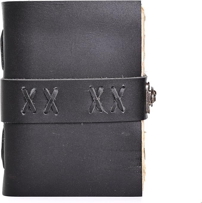 Leather Bound Vintage Journal for Women & Men – Book of Shadows – Lock Closure – 200 Pages of Antique Deckle Edges Handmade Paper (Black, 10 x 7 inches)