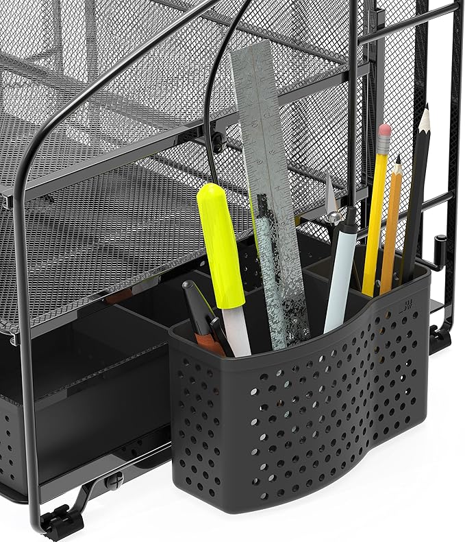 Simple Houseware 3-Tier Desk Organizer with Sliding Drawer, Black | Hanging File Holder and Pen Holder Accessory