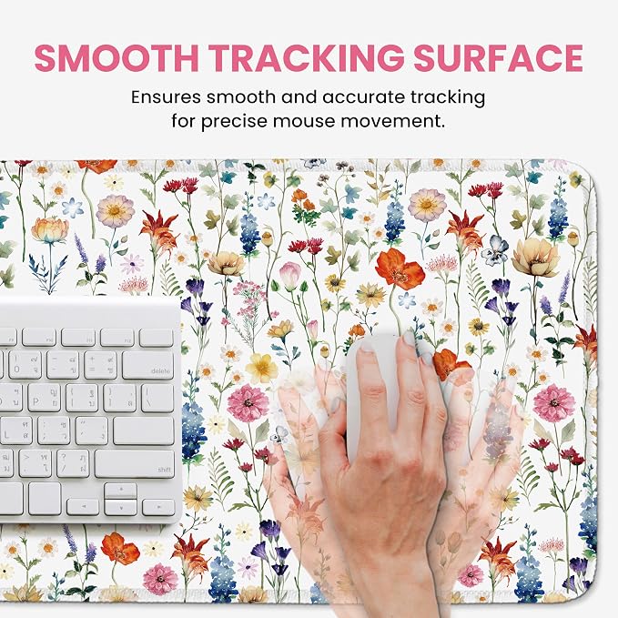 Large Mouse Pad for Desktop, Cute Desk Mat Pad Protector for Work & Gaming, Aesthetic Pretty Anti-Slip Laptop Blotter Cover for Office School Home Supplies, Wildflowers, 35.4" x 15.7"