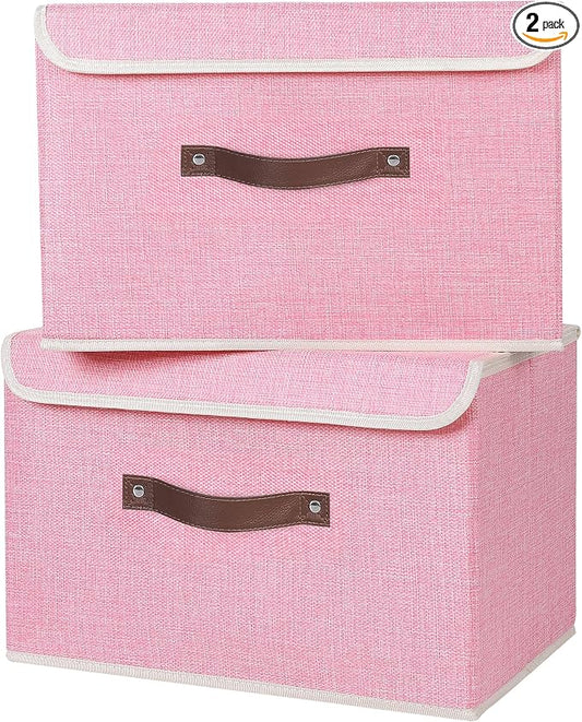 ANMINY 2PCS Storage Bins with Lid PU Leather Handles Storage Boxes PP Plastic Board Decorative Foldable Lidded Cotton Linen Fabric Home Cubes Baskets Closet Organizer Containers - Pink, Large Size